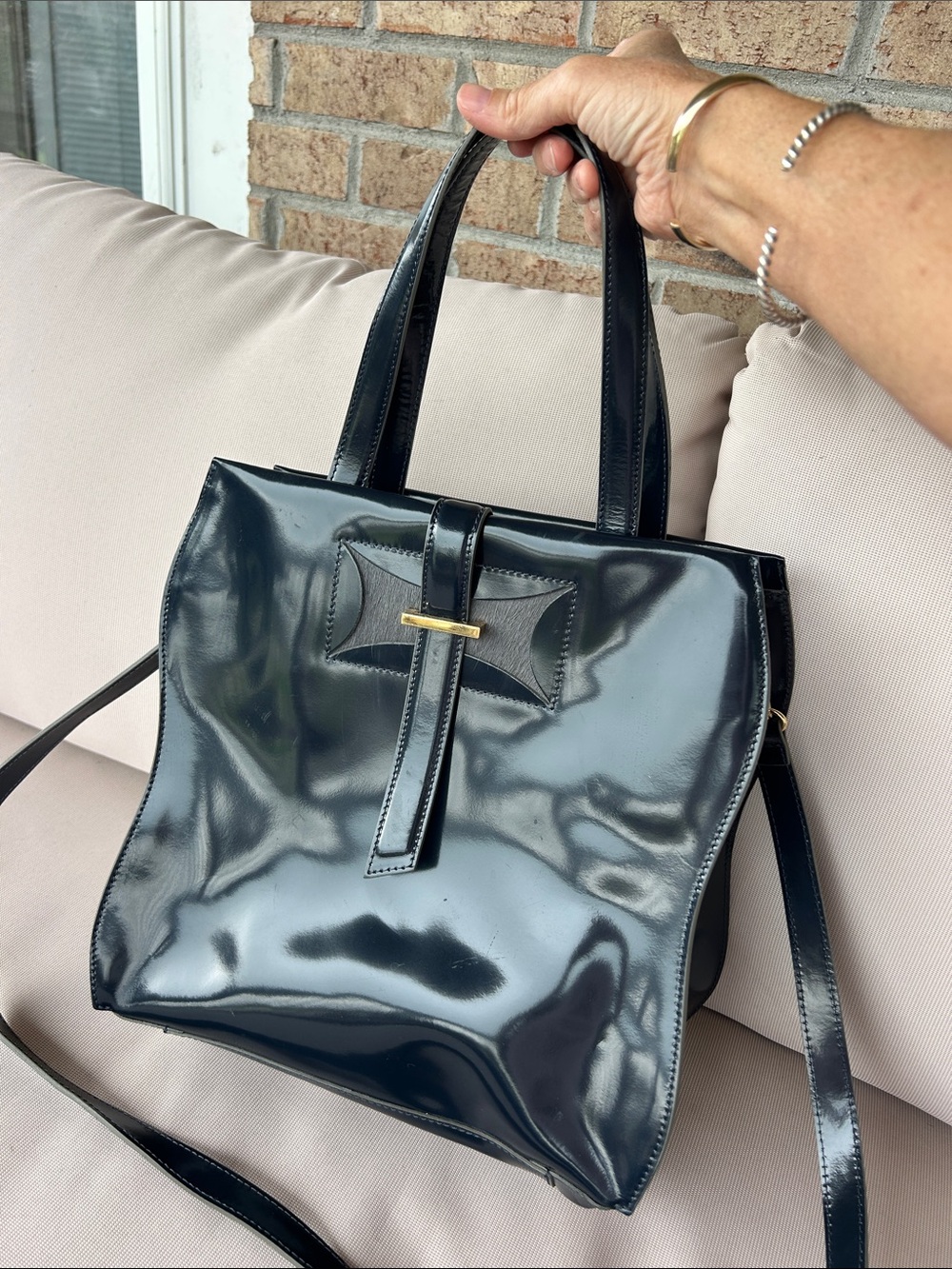 Glossy Navy Leather Iacucci Shoulder Bag with Gold Accent